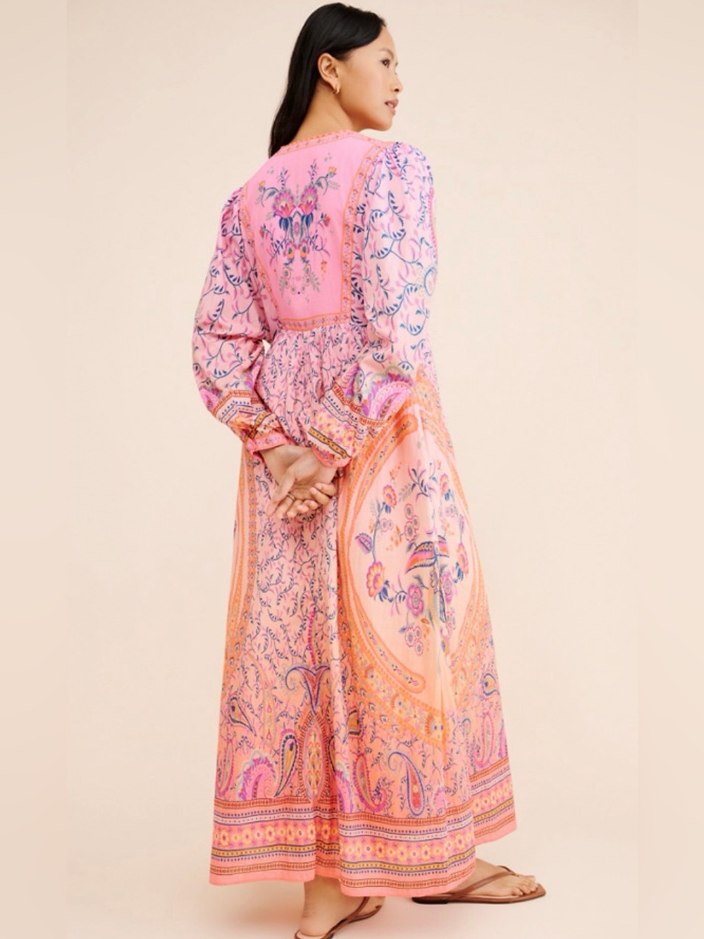 New FARM Rio x Anthropologie Long Sleeve Printed Maxi Dress Size Large Petite